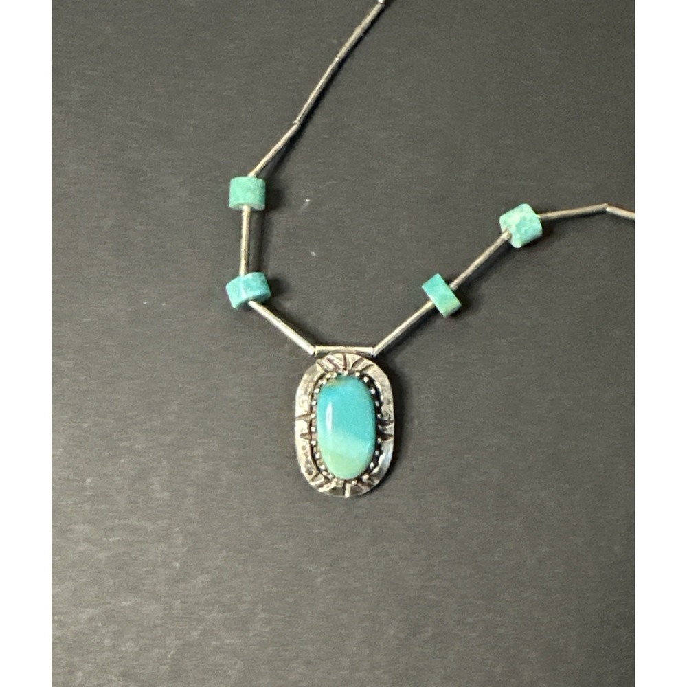 Vintage 925 Sterling Liquid Silver Turquoise Beads 15" Pendant Necklace